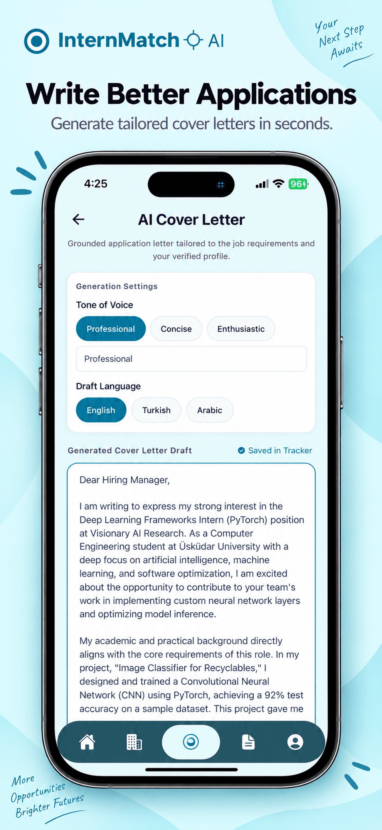 InternMatch AI application support screen