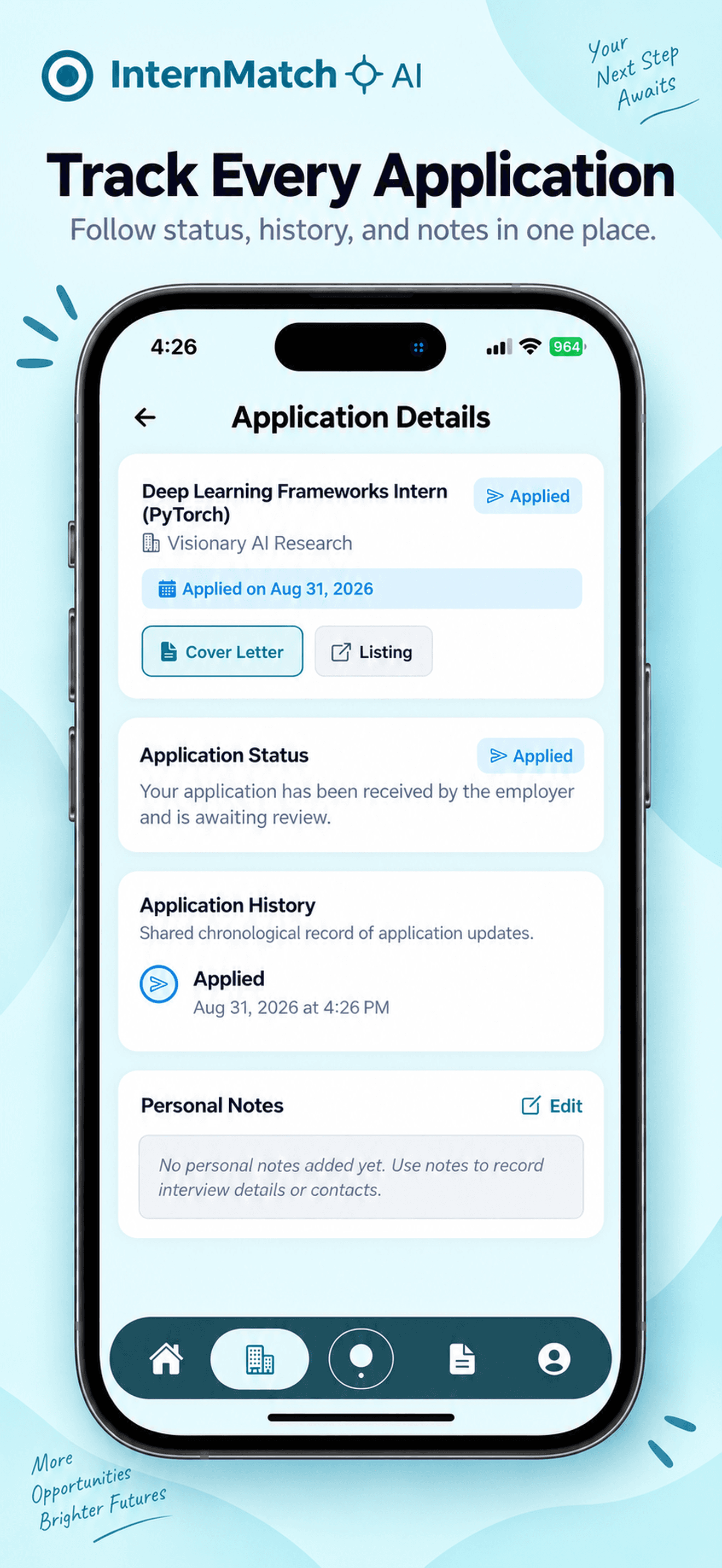 InternMatch AI application tracking screen