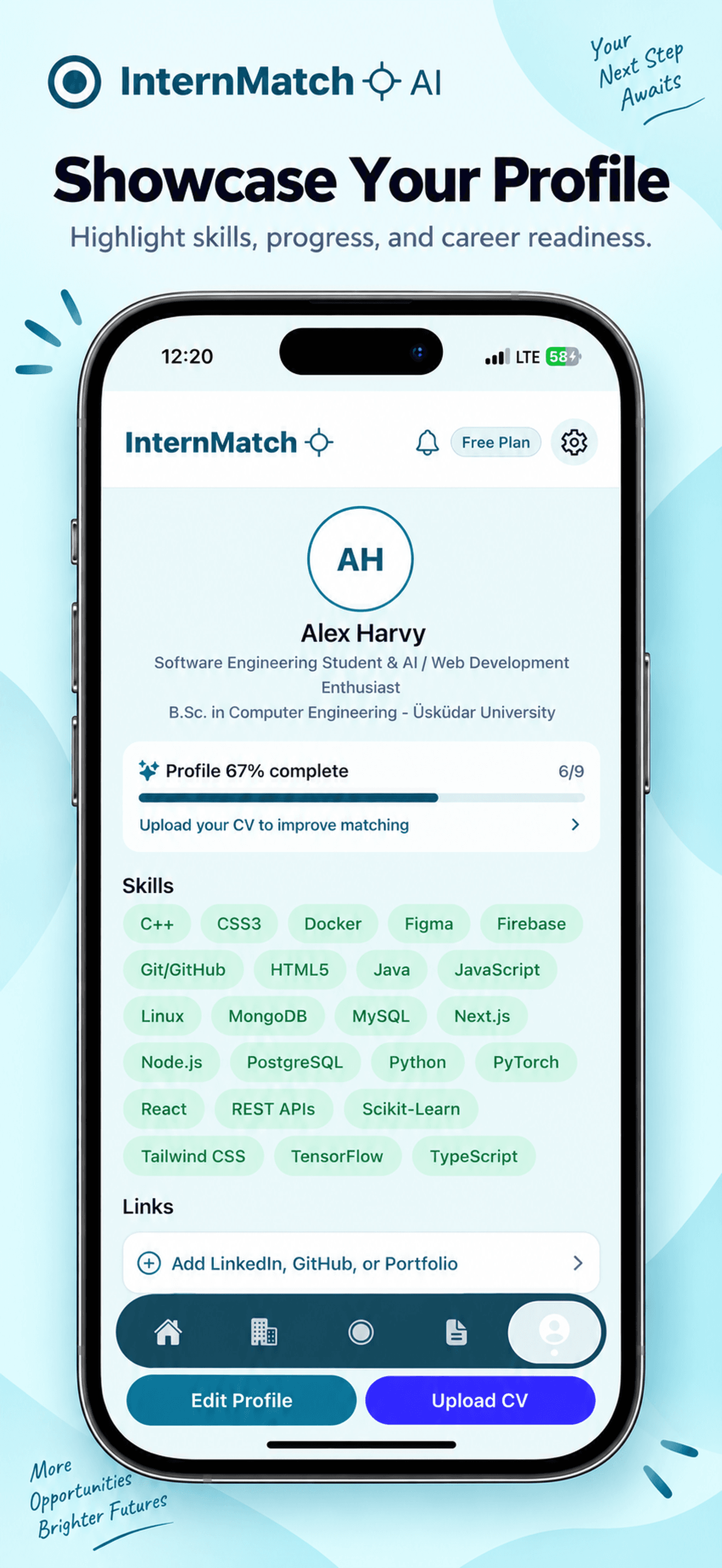 InternMatch AI CV analysis and structured profile screen