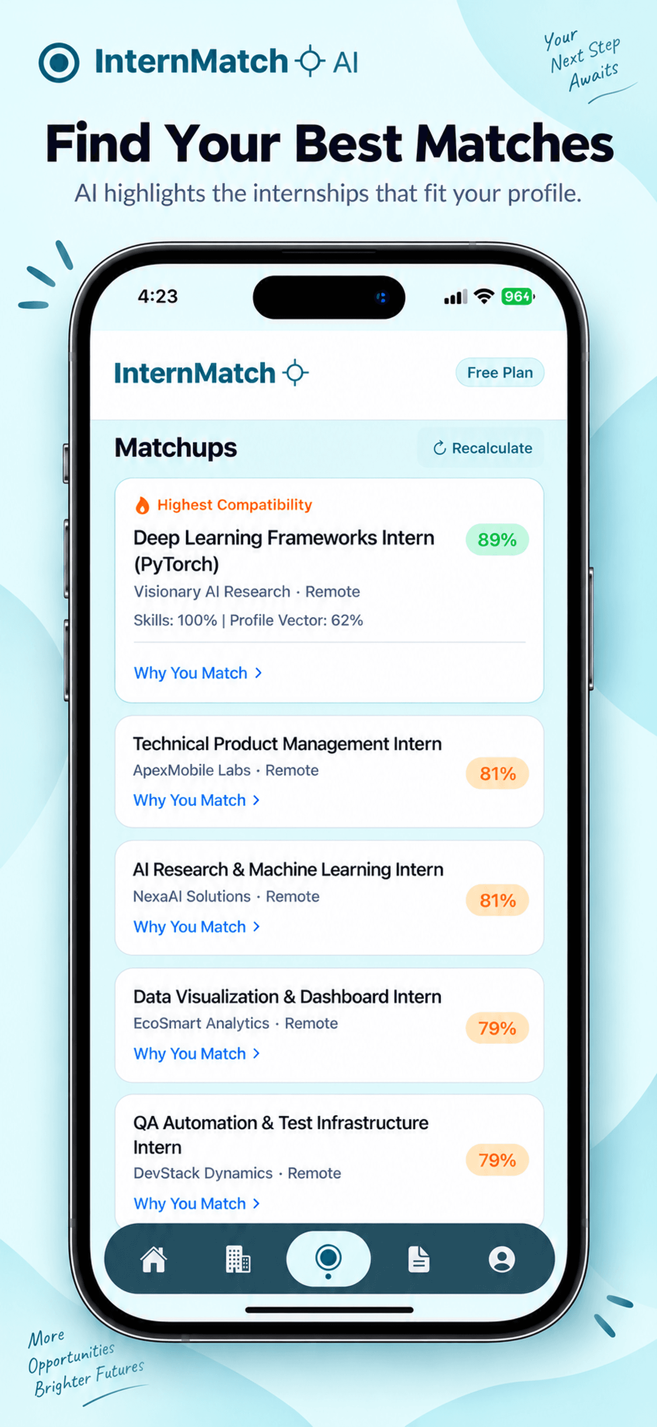 InternMatch AI internship matchups screen